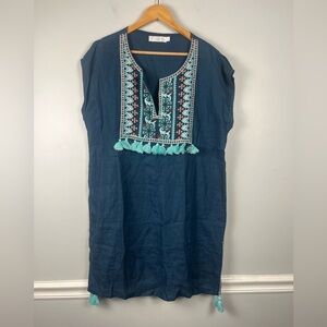 Seafolly Australia Blue Linen Embroidered Tassel Beach Swim Cover Up Size Medium